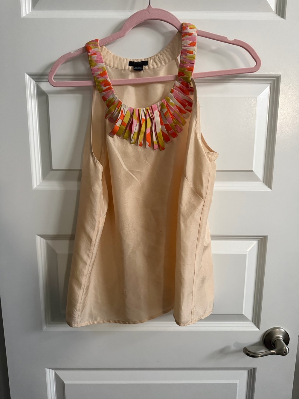 J Crew Cream Sleeveless Silk Camisole with Pink, Orange & Green Collar